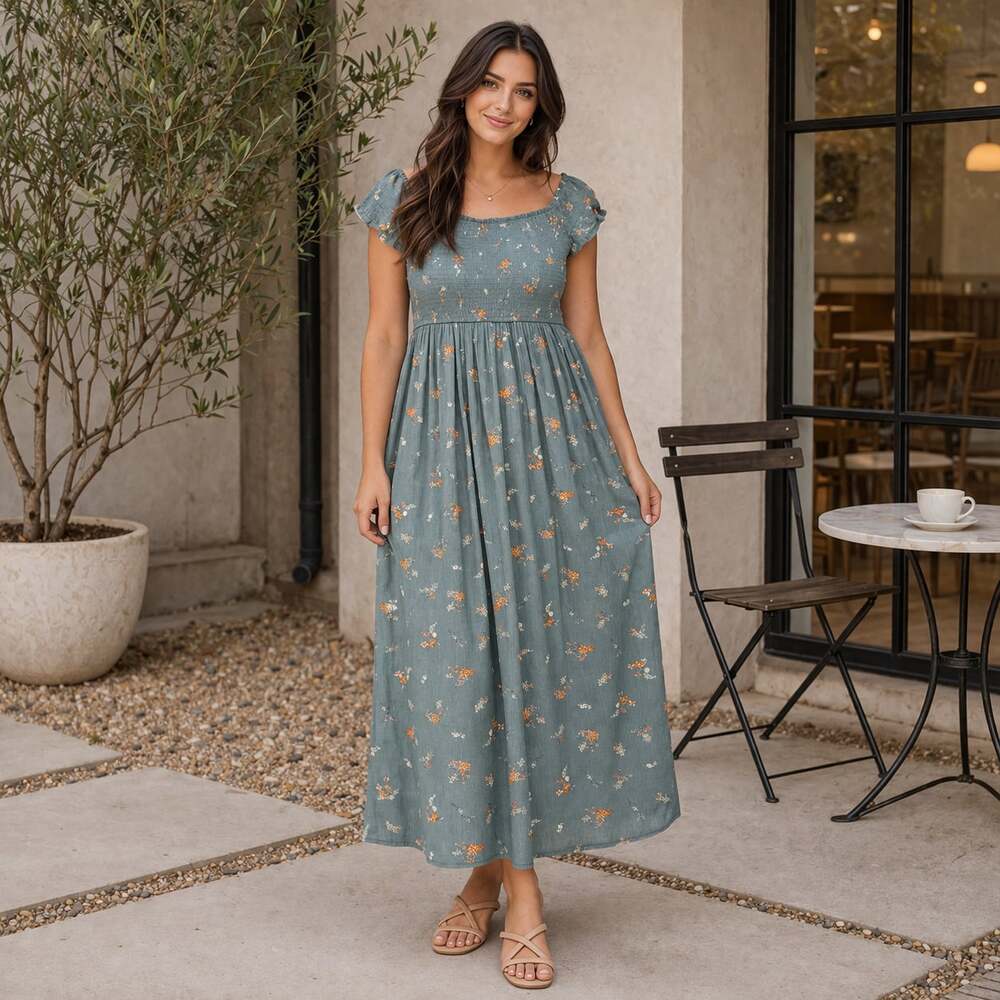 Coco & Shay Floral Smocked Maxi Dress Flutter Sleeve Boho Cottagecore M